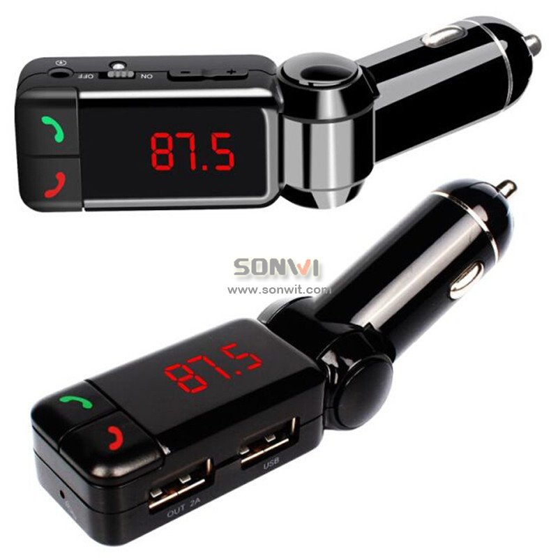 Bluetooth Car FM Transmitter  with Double USB Mode No.: SW-CFT06  Features: 1.Adjustable to any angles ,and fit to all types of Vehicles 2.Full frequency FM transmitter  3.Digital Display 4.Support Line audio input 5.With power off switch (USB direct connect) 6.Support U Disk Player 7.Supports MP3, WMA format music 8.Bluetooth answer, hang up, reject, redial calls and other functions 9.Bluetooth stereo music play 10.Echo cancellation and noise suppression (CVC) technology during a call 11.Supports dual USB output voltage, the maximum output 5V / 2A 12.Automatic power-off memory function   Specification: Product	Bluetooth car kit Rated operating voltage	12V USB Output	5V/2A Working Temp.	0~50 Support Play format	MP3  WMA SNR	>60dB Distortion	<0.1% Frequency Response	20Hz-15Khz Left and right channel separation	60dB BT Version	Version 2.0 Bluetooth sound processing	A2DP(Advance Audio Distribution Profile) Bluetooth transmission distance	10M-15M Bluetooth microphone effective range	0.5~2M FM transmission frequency	87.5~108Mhz FM transmitter mode	Stereo digital PLL locking  What is included: 1 x Bluetooth FM transmitter Hands-free Car Charger 1 x Audio cable 1 x Manual