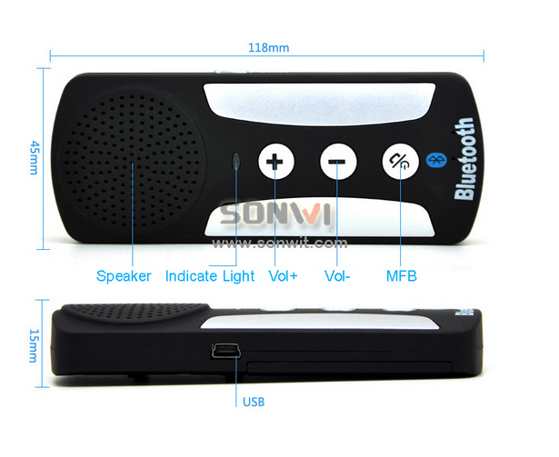  Car Kit Speakerphone Speaker For iPhone Samsung Smartphone with Sun Visor Clip & Car Charger